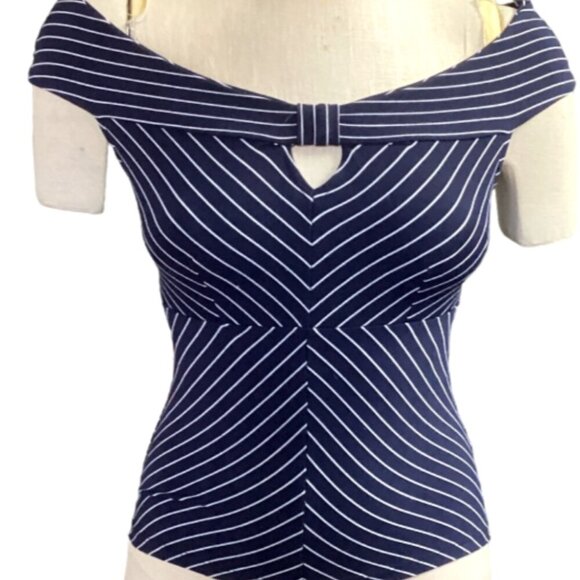 Leith Striped Tank Top Navy Blue & White Cutout Sz S #159J - Picture 2 of 8